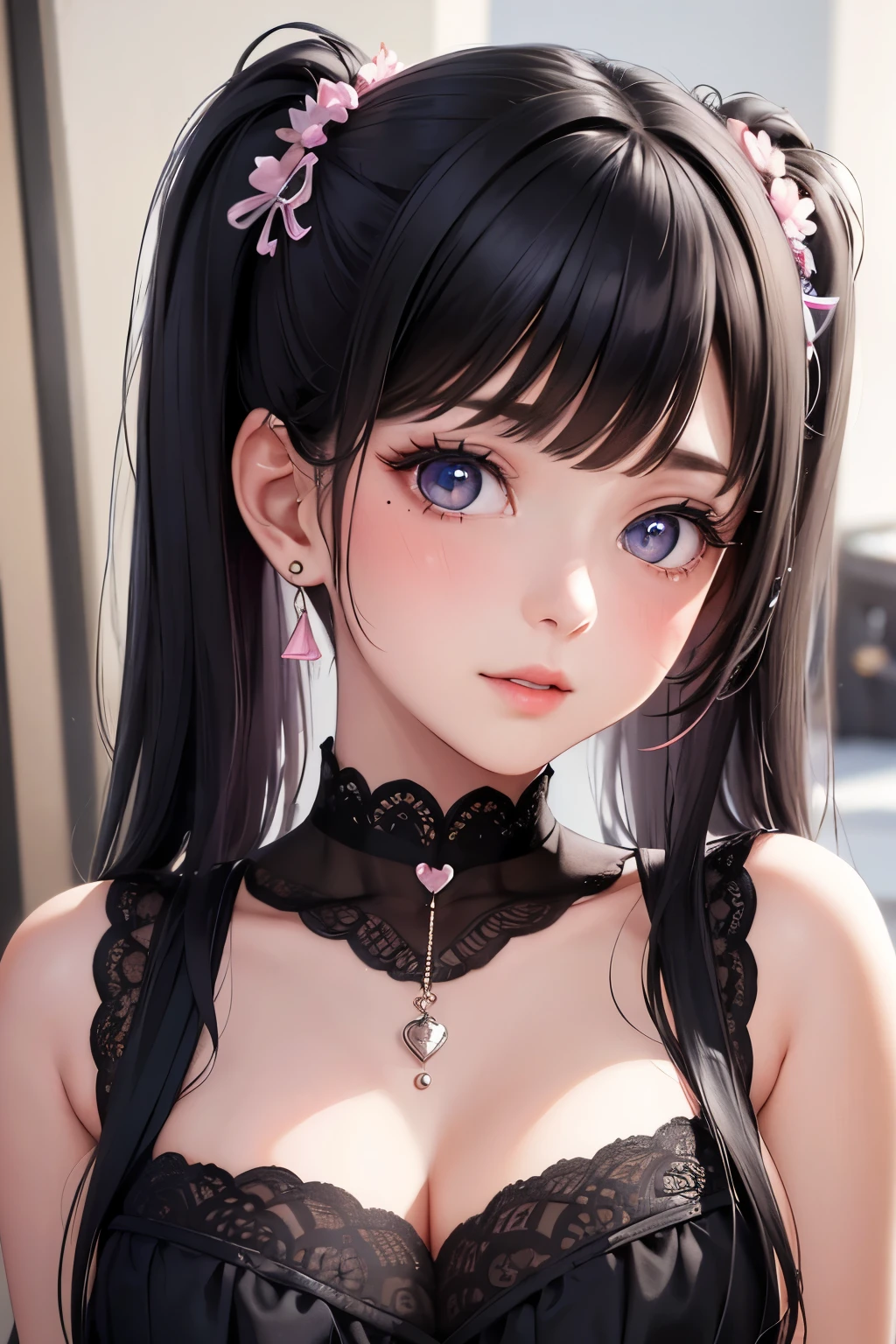 masterpiece, best quality, highly detailed, high resolution, expensive resolution, high resolution, 4K, 8k, Unity 8k wallpaper, highly detailed CG, masterpiece, 2D, 3D, beautiful details, depth, fine texture, best quality: 1.3, perfect focus, crispy skin, him, very cute, one 20-something girl, before a date with him, enjoying fashion, short twin tails, mole under eye, looking at the viewer, expensive, blush, mole, parted lips, heart, pink eyes, choker