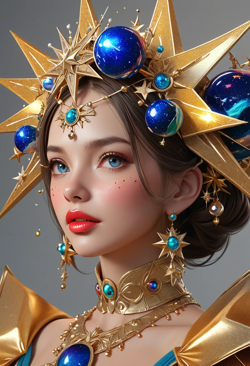 1girl, beautiful detailed eyes, beautiful detailed lips, extremely detailed face and skin, elaborate star headpiece, orbit, clean background, (best quality, 4k, 8k, highres, masterpiece:1.2), ultra-detailed, realistic, photorealistic, photo-realistic:1.37, 3D, professional, vivid colors, studio lighting
