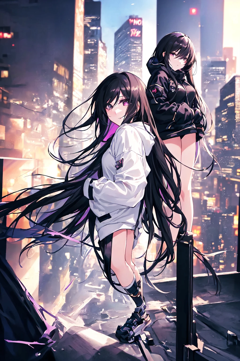 Highest quality, masterpiece, Ultra-high resolution,Long black hair anime girl standing in front of a city, Anime Style 4k, Amazing anime 8k, 4k anime wallpaper, Best anime 4k konachan wallpaper, anime wallpaper 4k, anime wallpaper 4k, anime art wallpaper 4k, anime art wallpaper 4k, Anime Art Wallpapers 8K, Cyberpunk anime girl in a hoodie