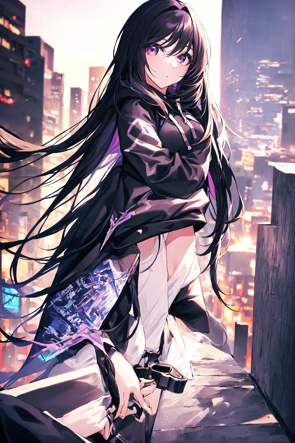 Highest quality, masterpiece, Ultra-high resolution,Long black hair anime girl standing in front of a city, Anime Style 4k, Amazing anime 8k, 4k anime wallpaper, Best anime 4k konachan wallpaper, anime wallpaper 4k, anime wallpaper 4k, anime art wallpaper 4k, anime art wallpaper 4k, Anime Art Wallpapers 8K, Cyberpunk anime girl in a hoodie