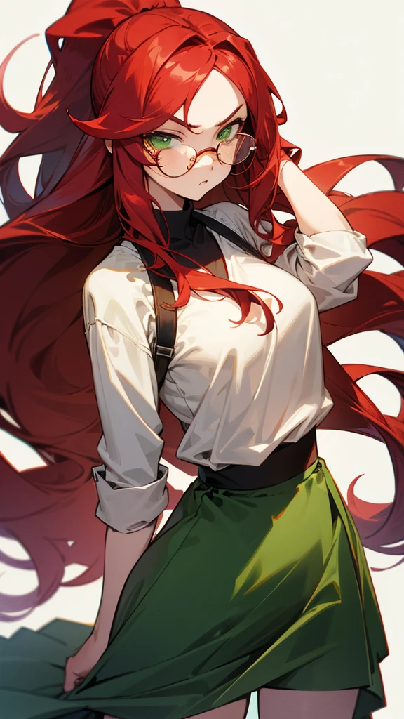 wavy long red hair girl in ponytail, green eyes, serious expression, casual outfit, rectangular glasses