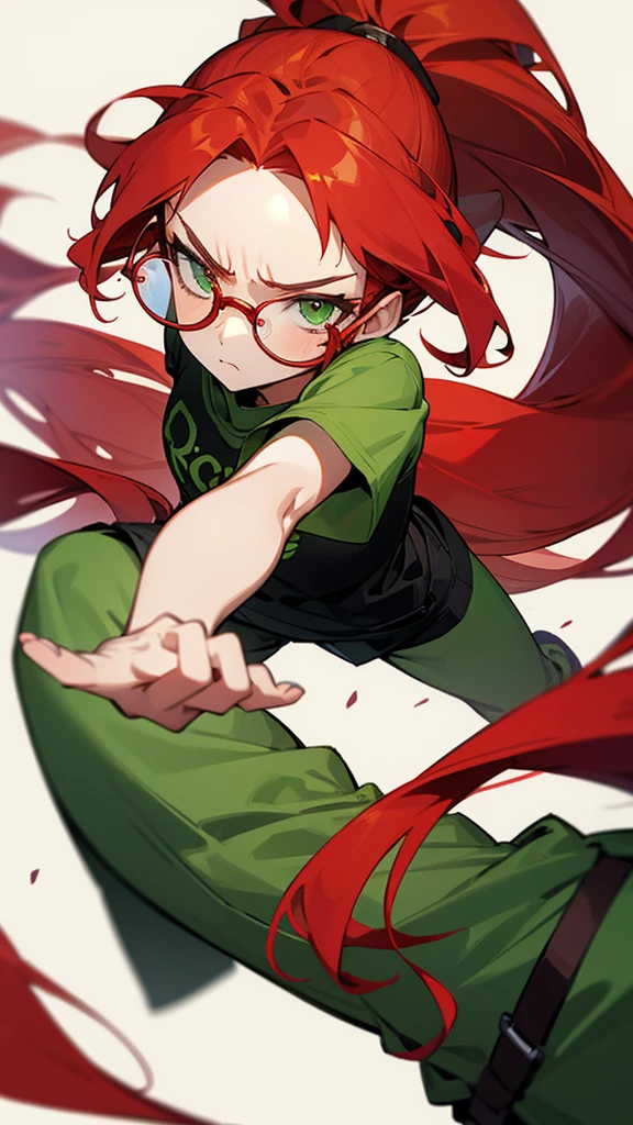 wavy long red hair girl in ponytail, green eyes, serious expression, casual outfit, rectangular glasses
