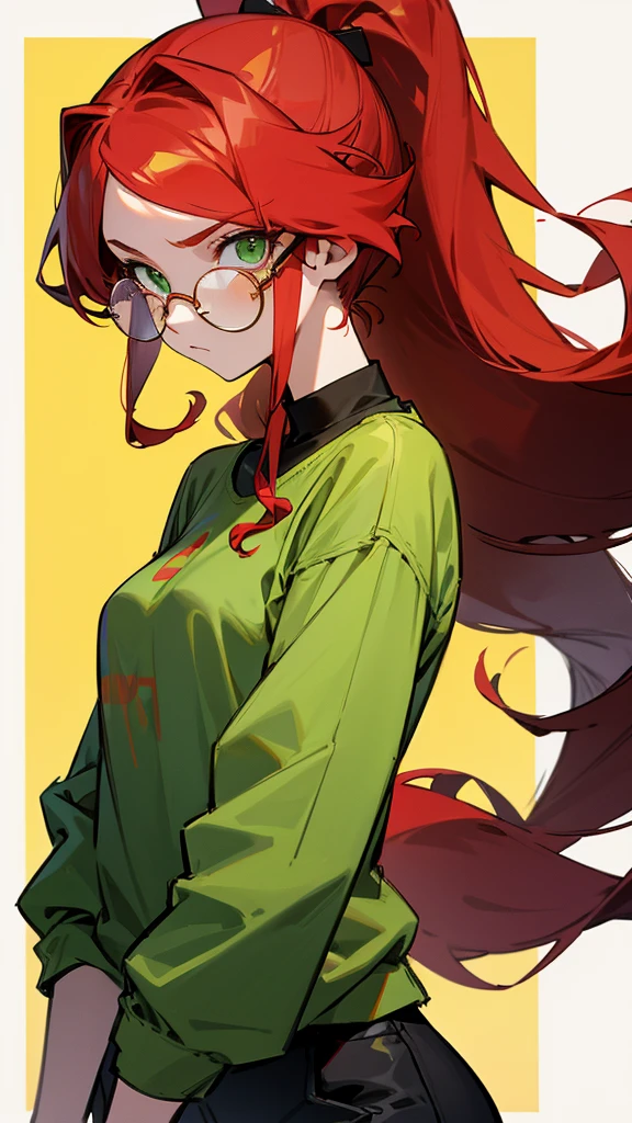wavy long red hair girl in ponytail, green eyes, serious expression, casual outfit, rectangular glasses