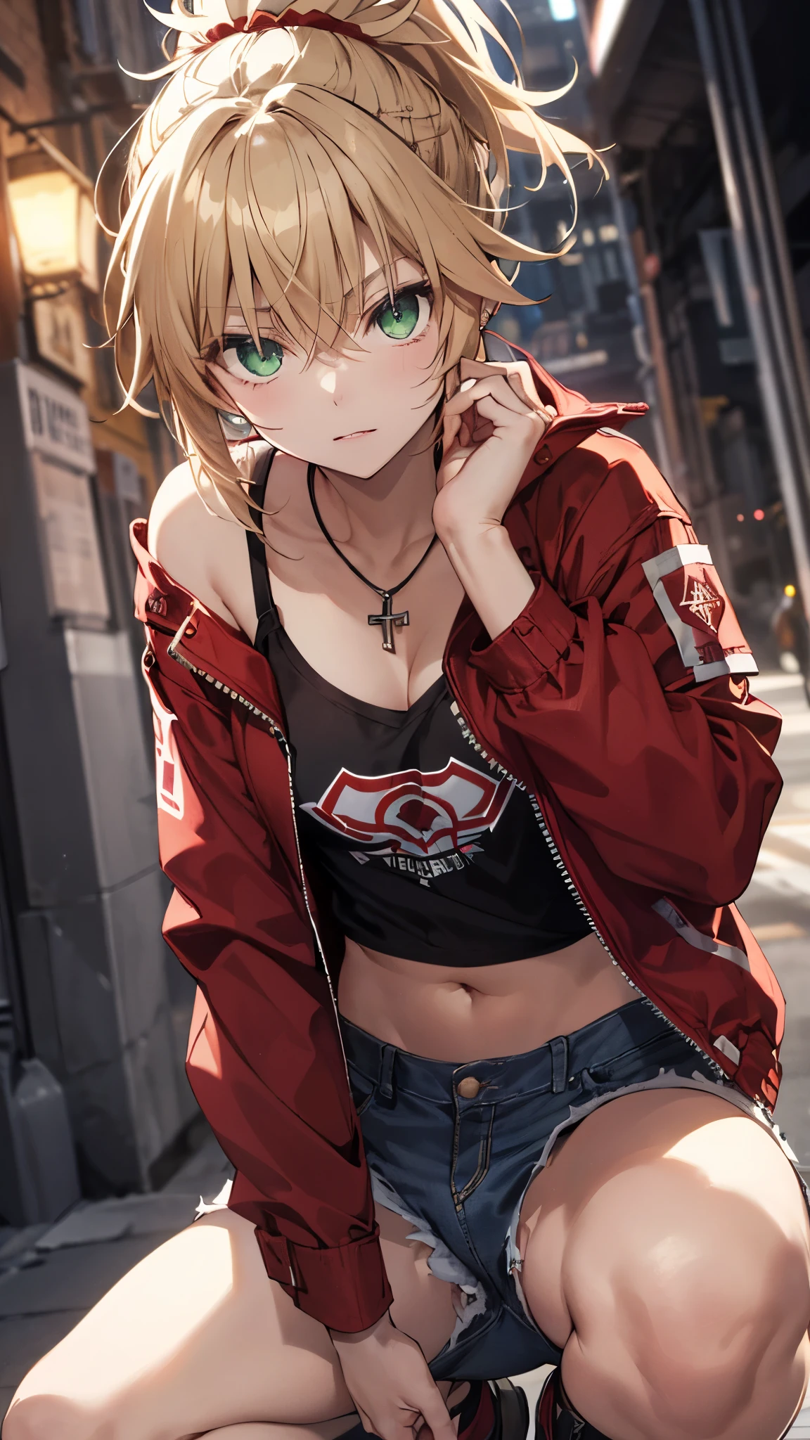 modred, (green eyes), blonde hair, ponytail, short hair, scrunchie, red scrunchie, hair scrunchie,(flat chest),
denim, denim shorts, jacket, jewelry, midriff, navel, necklace, red jacket, short shorts, shorts,(white tube top),(squatting,elbows on knees),masterpiece,Noise Reduction,perfect anatomy,high resolution, ultra-detailed,game cg,dutch angle ,beautiful detailed eyes,visualart,five fingers, perfect hands, perfect lighting,