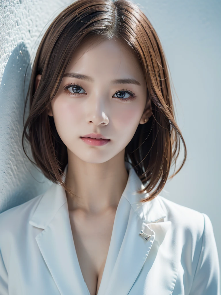 8K, 超High resolution, 最high quality, masterpiece, Surreal, photograph, 1 Girl, (10 years old:1.3), pretty girl, Cute face, Beautiful eyes in every detail, 細かくdetailedに, High resolution, high quality、Perfect dynamic composition, 魅力的な和Wind美人、(((1 personの少女)))、masterpiece,最high quality, ((Calm expression))), ((1 person)),(((Office Lady)))、,((Shirt and suit jacket))、((Shadow on a white wall)),Wind、A look of determination, Upper Body View、 (最High resolution、clear_image)、最high quality、Light and shadowのコントラスト、((illumination))、非常にdetailed、Semi-realistic、Short Hairstyles、Brown Hair、bangs、19 years old、　Lady,,young、((View from above))、Delicate facial features,See through 、Looking at the audience、beauty,Long neck、Laugh a little、Please close your mouth and laugh、(((Ideal body type))),A-cup small breasts :2,、Portraiture:2、Perfect Anatomy、鮮明なdetailed、detailed、Surreal、Light and shadow,Strong light,Fashion magazine cover,Thin lips