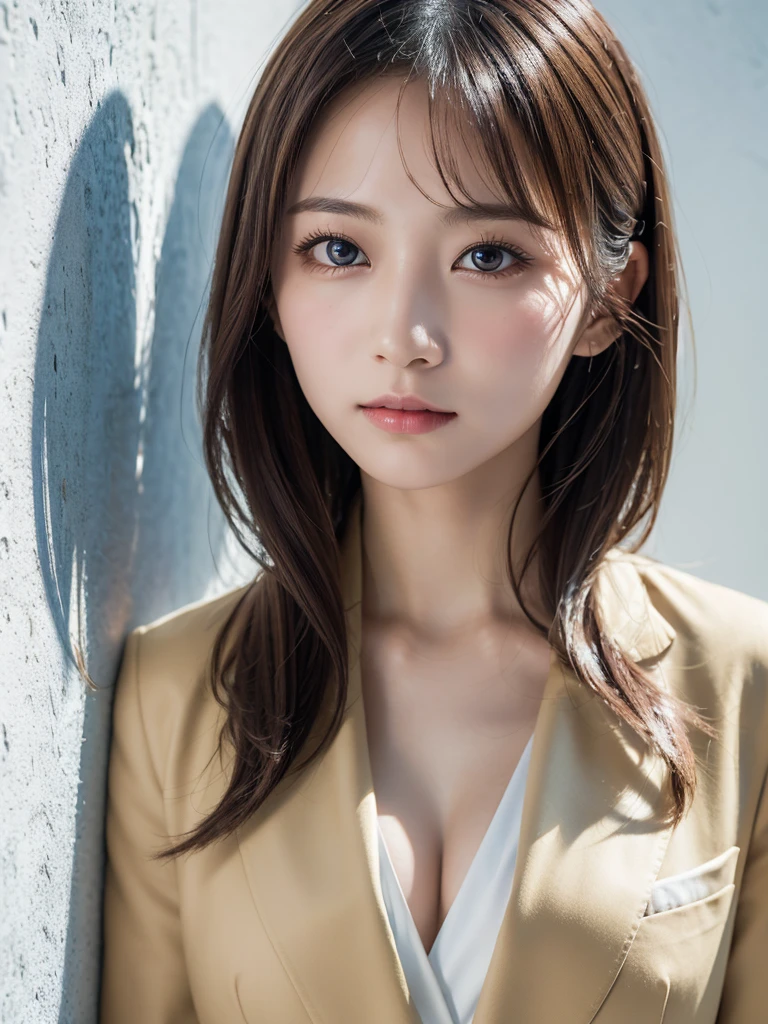 8K, 超High resolution, 最high quality, masterpiece, Surreal, photograph, 1 Girl, (:1.3), pretty girl, Cute face, Beautiful eyes in every detail, 細かくdetailedに, High resolution, high quality、Perfect dynamic composition, 魅力的な和Wind美人、(((1 personの少女)))、masterpiece,最high quality, ((Calm expression))), ((1 person)),(((Office Lady)))、,((Shirt and suit jacket))、((Shadow on a white wall)),Wind、A look of determination, Upper Body View、 (最High resolution、clear_image)、最high quality、Light and shadowのコントラスト、((illumination))、非常にdetailed、Semi-realistic、Short Hairstyles、Brown Hair、bangs、19 years old、 Lady,,young、((View from above))、Delicate facial features,See through 、Looking at the audience、beauty,Long neck、Laugh a little、Please close your mouth and laugh、(((Ideal body type))),A-cup small breasts :2,、Portraiture:2、Perfect Anatomy、鮮明なdetailed、detailed、Surreal、Light and shadow,Strong light,Fashion magazine cover,Thin lips
