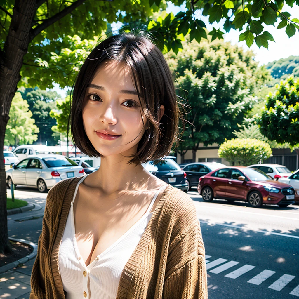 A young woman with a short, dark brown bob hairstyle、Standing outside on a sunny day。A gentle smile on her face、the skin is smooth and white。She is wearing a soft, fluffy white blouse with one button open and a light brown cardigan over it.。In the background、Street trees with lush green leaves、Blurred traffic signs、You can see the pedestrian crossing。Natural light casts soft shadows on her face and hair.、It highlights the features。The scene is peaceful and bright.、Capturing a serene moment。