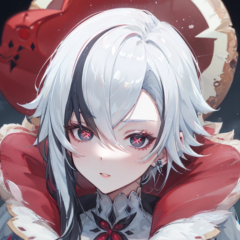 Pizza, heart, pizza italian,  arlecchino gi,x-shaped pupils,multicolored hair,black hair,hair between eyes,short hair white hair,streaked hair,earrings,jewelrybangs,red lips,grey hair, Score_9, Score_8_up, Score_7_up, Score_6_up, Score_5_up, Score_4_up, BREAK,1girl in full growth, best quality, masterpiece, ultra-detailed, high quality,good quality,1 girl,(master piece,high resolution, ultra detailed,8K,16K),look at viewer