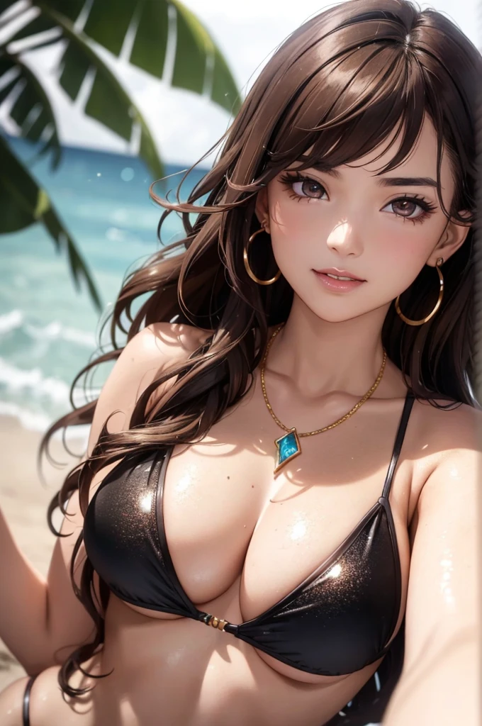(A photo of upper body), Beatiful face, Highly detailed face and skin texture, (Detailed eyes), Brown eyes, Double eyelids, Fine eyebrows, Glitter eyeliner: 1.2, Natural cheeks, Glowing skin, Fair skin, ((swimsuit without cleavage)), Shiny necklace and earrings, (Shiny lips: 1. 4), (Seductive smile), (20 years old), (Wavy hair, Brown hair, Diagonal bangs), Medium long hair, ((Upper body shot)), ((Focus on chest and face)), Medium large breasts, Upturned Breasts.