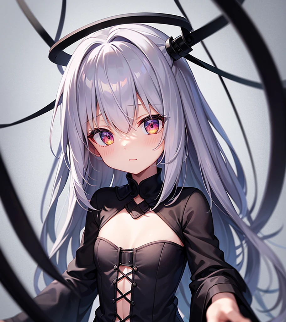 (mournful),Cute little ,Tiny ,Small girl,,Childish face, Very fine clean face,Top quality, Big eyes,Straight Hair,Yellow hair,Crimson Eye,(Dark Room), Subtle light, Soft lighting,Light from directly behind, (Are standing),Front view,prison