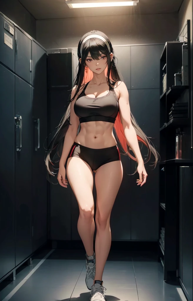 ((1girl, solo)), beautiful body, (perfect anatomy, perfect body, perfect hands, perfect legs), natural proportions, sexy body, large breasts, ((abs)), (((muscular female))), ((full body, full body front)) BREAK
((extremely detailed face)), (beautiful detailed eyes:1.6), (realistic pupils, realistic iris:1), expressive eyes, looking at viewer, (clear eyes:1.3), (hyperrealistic:1.2), (detailed skin texture:1.2), smooth skin, yor briar, ((black hair:1.5), (red eyes:1.5), long hair, hairband, (white hairband:1.3), sidelocks, bangs, ((mature female)), ((little smile)), (detailed lips:1.2), (attractive lips:1.1), (glossy lips:1.1), (parted lips), perfect face, perfect eyes BREAK
((sports bra)), buruma, ass visible through thighs, shoes, (black sportswear), black shorts, midriff BREAK
(masterpiece:1.5), anime-style, top quality, best quality, (beautiful and aesthetic:1.2), (ultra detail:1.5), Ultra-detailed depiction, Ultra-precise depiction, extremely detailed 8k illustration, high resolution, (highly detailed shading:1.2), (realistic lighting:1.4), perfect lighting, vibrant colors, dynamic tones, striking hues, 8k, absurd resolution, perfect shadows, hdr, UHD, ambient lighting, realistic, ultra-realistic, photo realistic, highly detailed, rich detail, luminous colors, fine texture, intricate design, professional illustration, (soft light:1.2), (illustration:0.7)
