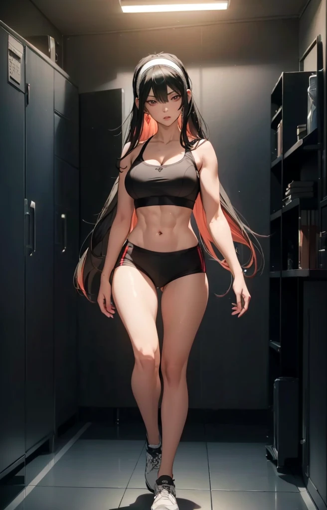 ((1girl, solo)), beautiful body, (perfect anatomy, perfect body, perfect hands, perfect legs), natural proportions, sexy body, large breasts, ((abs)), (((muscular female))), ((full body, full body front)) BREAK
((extremely detailed face)), (beautiful detailed eyes:1.6), (realistic pupils, realistic iris:1), expressive eyes, looking at viewer, (clear eyes:1.3), (hyperrealistic:1.2), (detailed skin texture:1.2), smooth skin, yor briar, ((black hair:1.5), (red eyes:1.5), long hair, hairband, (white hairband:1.3), sidelocks, bangs, ((mature female)), ((little smile)), (detailed lips:1.2), (attractive lips:1.1), (glossy lips:1.1), (parted lips), perfect face, perfect eyes BREAK
((sports bra)), buruma, ass visible through thighs, shoes, (black sportswear), black shorts, midriff BREAK
(masterpiece:1.5), anime-style, top quality, best quality, (beautiful and aesthetic:1.2), (ultra detail:1.5), Ultra-detailed depiction, Ultra-precise depiction, extremely detailed 8k illustration, high resolution, (highly detailed shading:1.2), (realistic lighting:1.4), perfect lighting, vibrant colors, dynamic tones, striking hues, 8k, absurd resolution, perfect shadows, hdr, UHD, ambient lighting, realistic, ultra-realistic, photo realistic, highly detailed, rich detail, luminous colors, fine texture, intricate design, professional illustration, (soft light:1.2), (illustration:0.7)