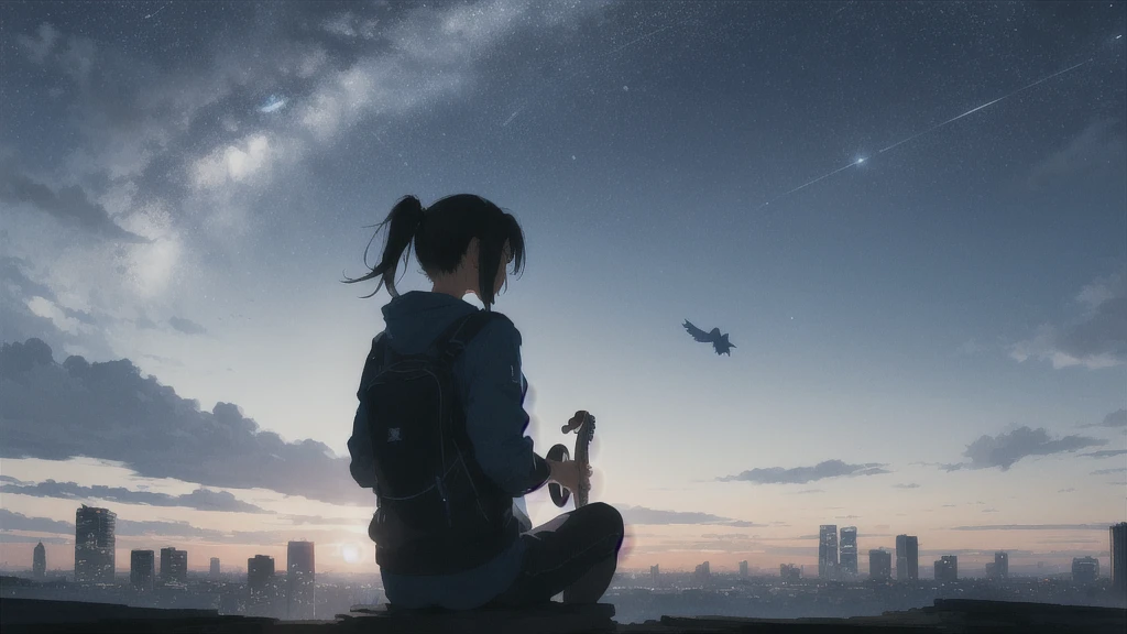 evening,暗いnight空,Octane, star (null), scenery, Blue parakeet,Acoustic guitar,star, night, One Girl, Back view,night, alone, Outdoor, Blue parakeet,building, cloud, milky way, Sitting,city, silhouette