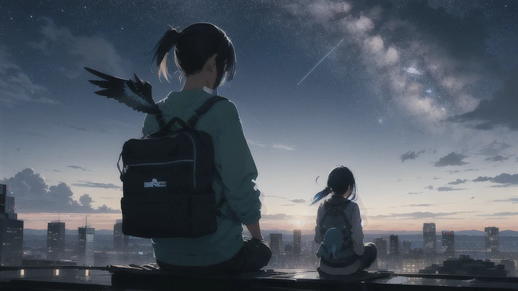 evening,暗いnight空,Octane, star (null), scenery, Blue parakeet,Acoustic guitar,star, night, One Girl, Back view,night, alone, Outdoor, Blue parakeet,building, cloud, milky way, Sitting,city, silhouette