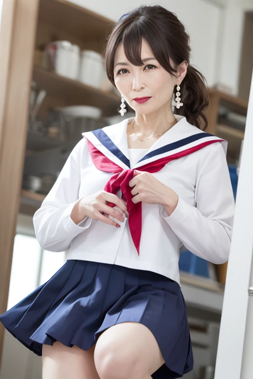 Beautiful mature woman, 55-year-old Japanese woman, Married women, Fine Lines, Long eyelashes, Shining Eyes, Low Ponytail, eye shadow, Red lipstick, Pink Cheeks, elegant, Pearl Necklace, Earrings,  (Seraphim, Student sailor suit:1.2), Pleated skirt, dark blue, Cleavage, photo shoot, Under the blue sky, Skirt flips up when jumping, Big Jump