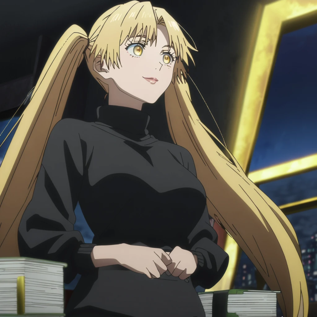 1girl, female gojo satoru, anime screencap from jujutsu kaisen, gojo satoru female version, solo, very long_hair, ((high twintail)) yellow eyes, ((very long yellow_hair)), night view, breasts, upper_body, smile, indoors, book, bangs, yellow_eyes, lips, (yellow hair)  wearing black color sweater, breast, "very detailed and high resolution" (yellow eyes) ((smooth texture hair)) ((solo)) ((high resolution)) (Good quality),((front view))