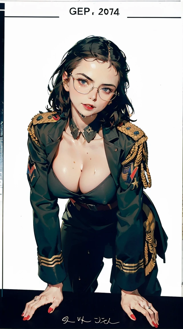 ((highest quality)), ((masterpiece)), (be familiar with), (High definition), Cinematic, (Complex:1.4), Best Shadow, Side lighting, 8K, ((Charlize Theron)), ((Doronjo)), Perfect Face, Detailed, (Accurate hand and finger depiction), ((Doronjoのマスクとコスチューム)), (Blonde Long Hair), Beautifully long red nails, deep red lipstick, (Voluptuous body), (Large Breasts)、(Cleavage), Narrow waist, Big Ass, Alluring, glamorous, Smile, ((Crouching)), (woman on top), (Chest up:1.3), Flattering pig,  modesta, tiro remoto, Detalhe bonito rosto delicado, Olhos delicados bonitos detalhados, perfect facial proportions, High definition skin, pele fina, best four inch aspect ratio. Com um polegar, uma obra-prima, altamente detalhado, Realistic, (German World War II general uniform reference : 1.8), the highest facial resolution, , mulher modestamente vestida, vestido inteiramente, ( pequeno, cabelos pretos, black franja reta, super thin braids, franja reta, Red glasses, olho verde escuro, science fiction, Fighter aircraft, standing On the landing of a Fighter aircraft, the agency, uma personalidade profundamente inteligente, A calm expression, um rosto respeitoso, uma guerra, a Fighter aircraft  solo,1 mature maid, Stroking the , (from below),sweating body，legs apart，(((pubic hair peek))),(drenched white panties),wet white apron ,((Dark skin)),trending on artstationh, Intricate details, Highly detailed,, intricate face details,Curvy physique, Thick body,at the kitchen，vibrant, 4K, Intricate details, big breasts enchanting, Professional manufacturing,  12k resolution,(Seductive smile),Black hair