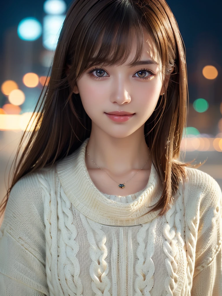 1 Girl,(ivory sweater:1.4),(Necklace around the neck:1.2), (RAW Photos, Highest quality), (Realistic, Photorealistic:1.4), Tabletop, Very delicate and beautiful, Very detailed, 8k wallpaper, wonderful, finely, Very detailed CG Unity, High resolution, Soft Light, Beautiful and detailed 19 year old girl, Very detailed目と顔, Beautiful and detailed nose, Beautiful and beautiful eyes,Cinema Lighting,City lights at night,Perfect Anatomy,Slender body,smile (Asymmetrical bangs, Light brown hair,)