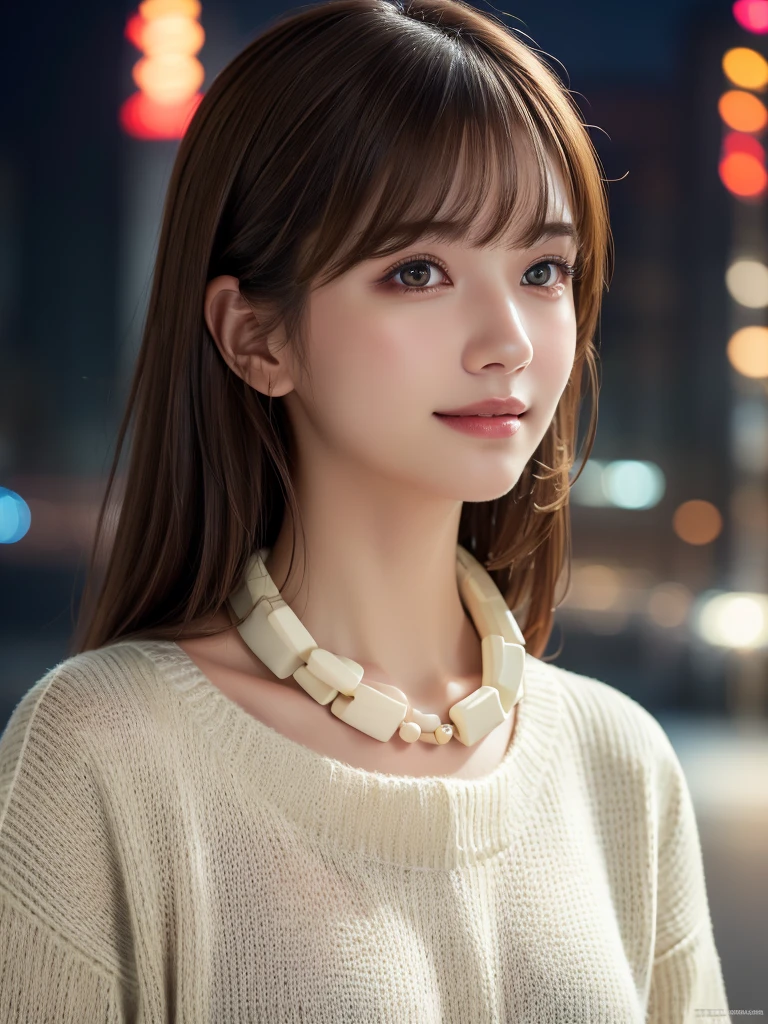 1 Girl,(ivory sweater:1.4),(Necklace around the neck:1.2), (RAW Photos, Highest quality), (Realistic, Photorealistic:1.4), Tabletop, Very delicate and beautiful, Very detailed, 8k wallpaper, wonderful, finely, Very detailed CG Unity, High resolution, Soft Light, Beautiful and detailed 19 year old girl, Very detailed目と顔, Beautiful and detailed nose, Beautiful and beautiful eyes,Cinema Lighting,City lights at night,Perfect Anatomy,Slender body,smile (Asymmetrical bangs, Light brown hair,)
