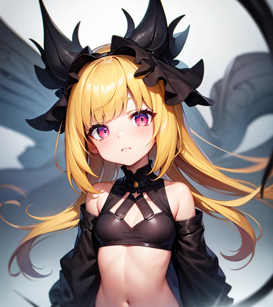 (whimpering),Cute little ,Tiny ,Small girl,,Childish face, Very fine clean face,Top quality, Big eyes,Straight Hair,Yellow hair,Crimson Eye,(Dark Room), Subtle light, Soft lighting,Light from directly behind, (Are standing),Front view,prison