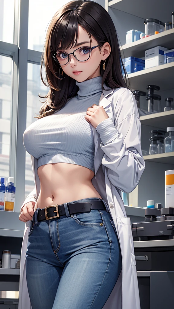 girl in the laboratory, Turtleneck, เสื้อlaboratory, Show navel, belt, Revealing the abdomen below the navel., Dress well, glasses, blue jeans, laboratory

