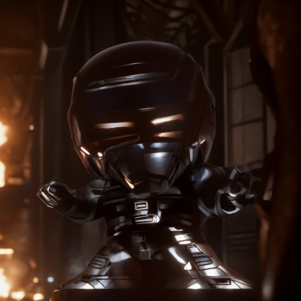 Cinematic film still Small deformation of JaspionQuiron in a rusty shipyard, haunting silence, action hero pose, shiny armor, . Shallow depth of field, vignettes, highly detailed, high budget Hollywood movies, blur, cinemascope, mood, epic, gorgeous, film grain, grainy.