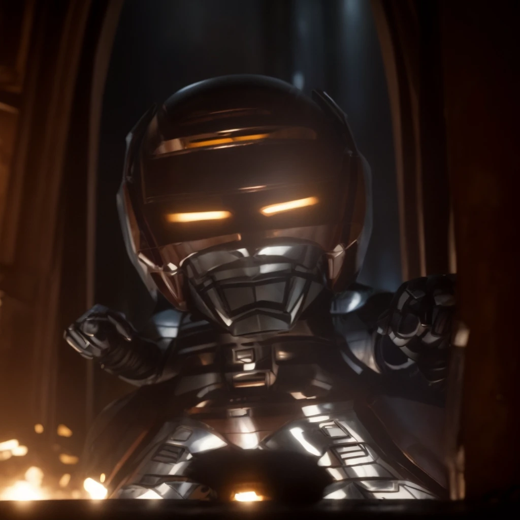 Cinematic film still Small deformation of JaspionQuiron in a rusty shipyard, haunting silence, action hero pose, shiny armor, . Shallow depth of field, vignettes, highly detailed, high budget Hollywood movies, blur, cinemascope, mood, epic, gorgeous, film grain, grainy.