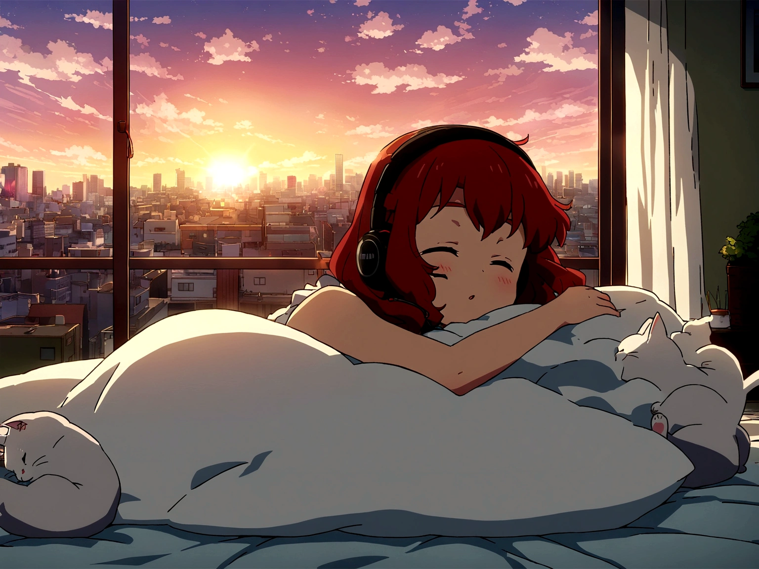 lofi,music,home,girl,headphone, cel anime,sunny,sunset,tokyo,Altocumulus,brownred hair,sleep,white bed,simple home,rolling cat