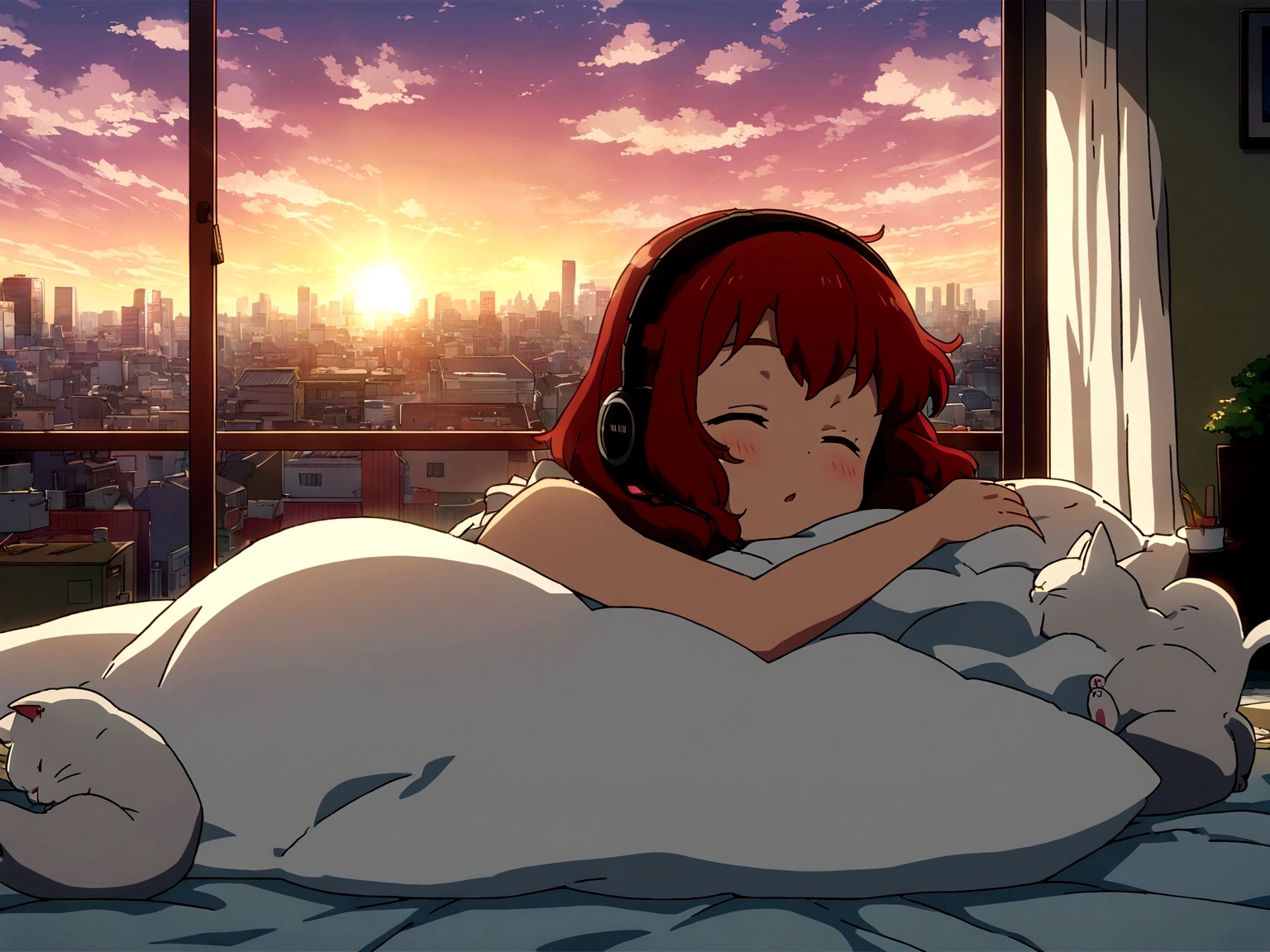 lofi,music,home,girl,headphone, cel anime,sunny,sunset,tokyo,Altocumulus,brownred hair,sleep,white bed,simple home,rolling cat