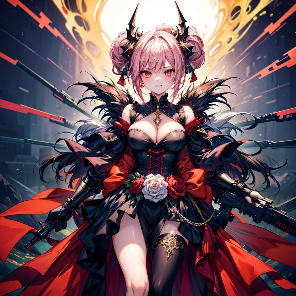 ((Highest quality)), ((masterpiece)), (detailed), (very short hair), ((nsfw)), standing, yandere, evil grin, blush, (blood), (pussy)

Create an image of a ruthless female character named Calamity Ignis, belonging to the Versatile Order. She has a striking and menacing appearance with an aura of danger. Her hair is long and vibrant, resembling fireworks, with a mix of bright colors like red, orange, and yellow. Her eyes are sharp and predatory, glowing with a sinister light. She has a lithe and athletic build, with an air of agility and strength. Her cheeks are slightly flushed, and she has a wicked smile on her face, showing her delight in the chaos she causes.

Background: Set in a mystical, swirling vortex of energy with floating red threads and glowing symbols, creating an otherworldly atmosphere.

Pose and Expression: She stands confidently, holding a deadly weapon like a spiked chain or dual blades, ready for combat. Her expression is a mix of cruelty and delight, with flushed cheeks and a wicked smile that shows she enjoys the chaos and destruction she causes. Her eyes should reflect a sense of malicious joy, and her posture should convey readiness for action.

Outfit: Inspired by the provided image, she wears a detailed bodice with intricate gold embroidery and vibrant red and orange accents. The outfit includes a short skirt with high slits, revealing long, flowing ribbons and decorative elements. She has a fox mask as an accessory and other ornate decorations like flowers. Her outfit should have a mix of traditional and modern elements, combining intricate patterns with sharp armor pieces.

Additional Details: Her weapons should be detailed and menacing, reflecting her brutal nature. The spiked chain or dual blades should have intricate designs and a realistic, lethal appearance. The background should enhance her dangerous aura, with dramatic lighting and shadows that highlight her menacing presence. Her overall appearance should be dynamic and unsettling, capturing her ruthless and