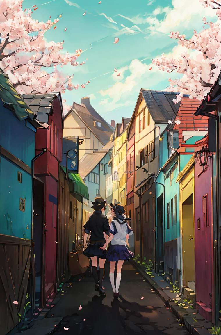 
「In the season when cherry blossoms fall、A memorable scene depicting elementary school boys and girls running around happily。In the background is a picturesque street lined with cherry trees in full bloom.、Petals are flying in the air。The light shines through the branches、Casting speckled shadows on the road。The children are wearing uniforms、The boy wears shorts and a hat、The girl is wearing a skirt and has her hair tied with a ribbon.。As they enjoy a typical moment of spring、The expression should be one of joy and surprise.。」