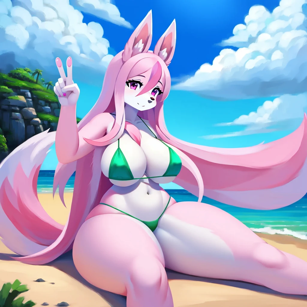 Nazuna_hiwatashi, anthropo, Female One, standing alone, fully body, mocking look, pink hair, pink tail, peace sign, green micro-bikini, seashore, sitting on the floor , Huge breasted, hips, thick-thighs, digitalpainting, extremely detaild, minute details, legs spread open