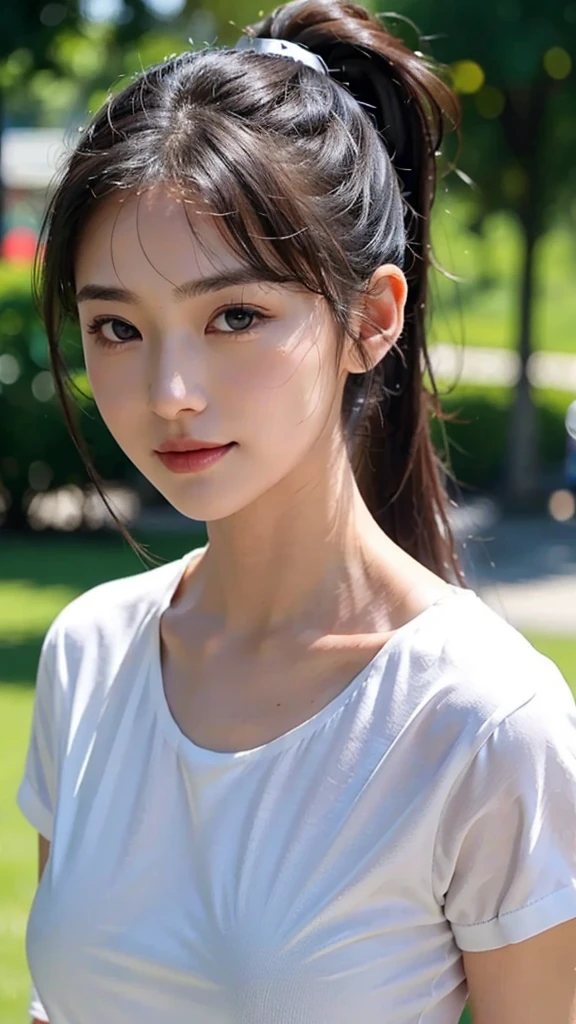 dress,outdoors,Urban Park,On the lawn,One woman,close up face,fully body photo,masutepiece, The highest image quality, High quality, the background is clear,Beautiful woman, Japanese, Detailed, Ultra-detailed, finely detail, hight resolution, 8K Wallpaper, Perfect dynamic composition, Beautiful detailed eyes ,Detailed eyes, Detailed skin, Beautiful skin, 超hight resolution, (reality: 1.4),Very beautiful woman, Slightly younger face, Beautiful skin, slender, (Ultra photo realsisim), (hight resolution), (8K), (Very detailed) (beautifully detailed eyes), (super detailed), (Detailed face), view the viewer, Fine details, Detailed face, Staring straight ahead, Staring straight ahead, photos realistic, Bright lighting, Professional Lighting, Black hair,poneyTail,a baby face,sixteen years old,Hairstyle: ponytail,Long ponytail hairstyle,slight smile,