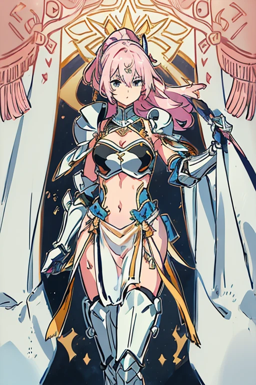 (((Pelvic Curtain、pocket)))、((masterpiece、Highest quality、8K、whole body、Are standing))、One beautiful woman、female knight、Pink and gold armor、Pelvic Curtain、ponytail、Large Breasts、Cleavage、belly button、Abdominal muscles、Muscular、Thick arms、Thighs、Shin pads、Shoulder rest