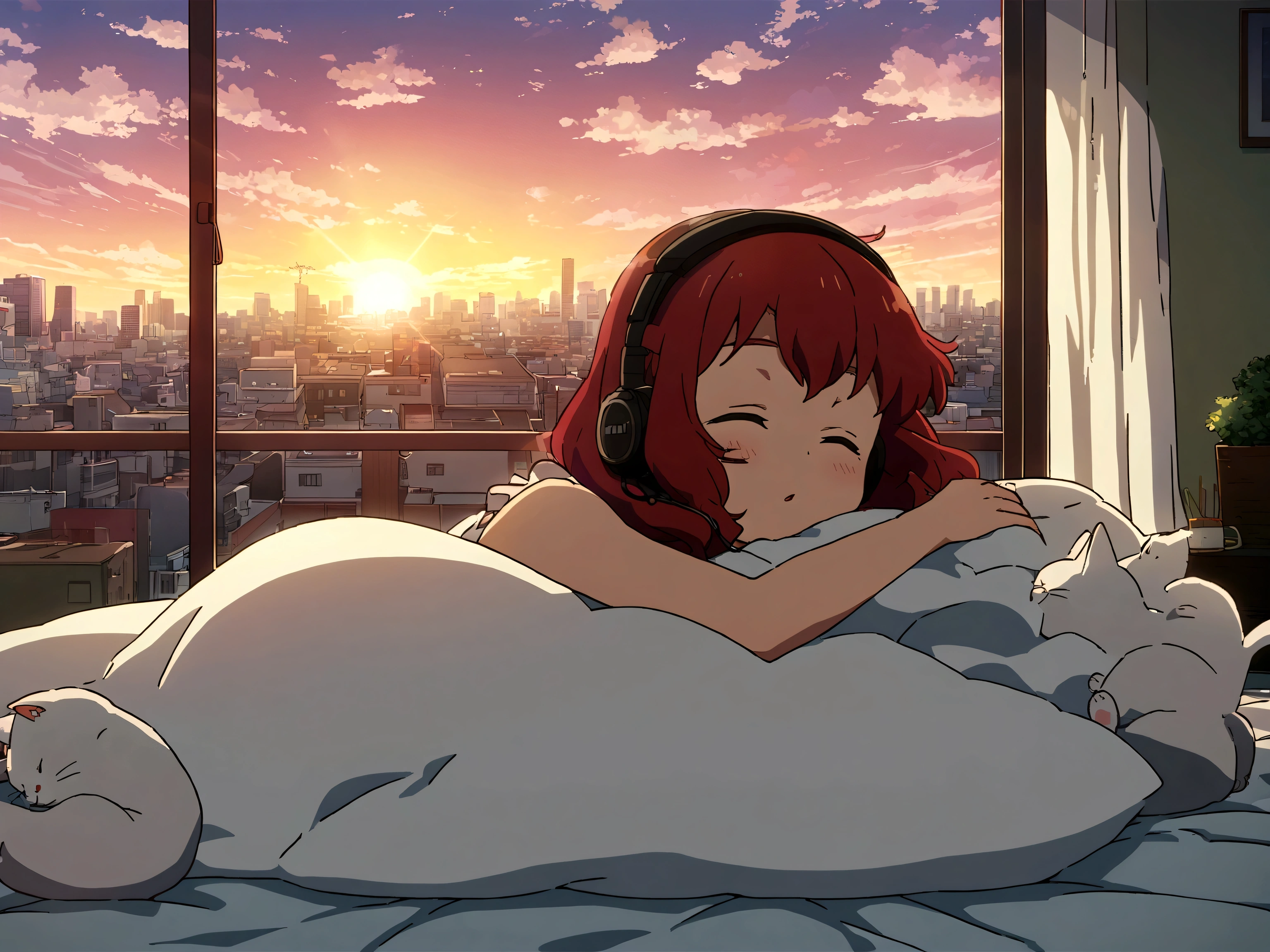 lofi,music,home,girl,headphone, cel anime,sunny,sunset,tokyo,Altocumulus,brownred hair,sleep,white bed,simple home,rolling cat