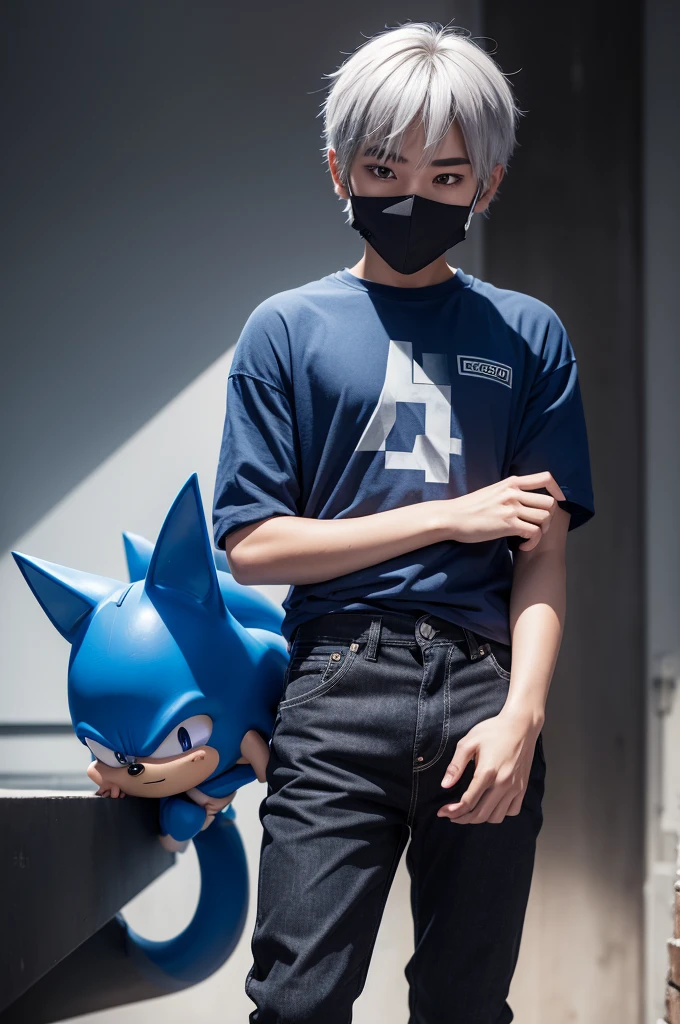 boy character,squaret,gray hair,blue sonic shirt,black jeans pants,mask that covers the mouth and nose,brown skin