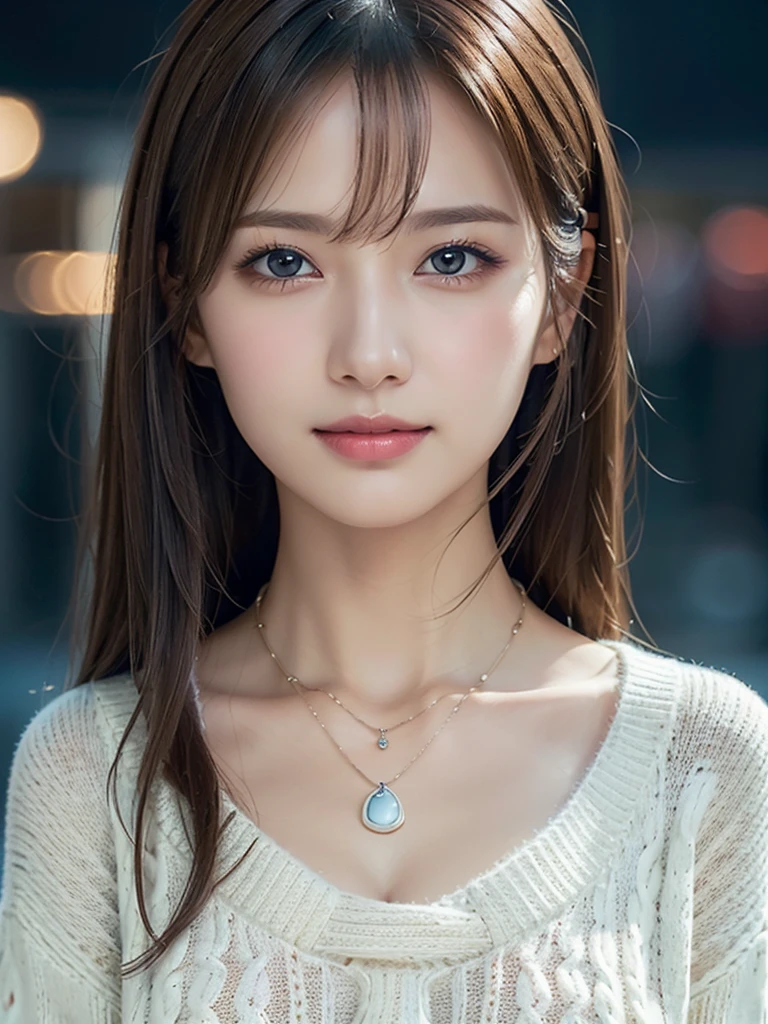 1 Girl,(ivory sweater:1.4),(Necklace around the neck:1.2), (RAW Photos, Highest quality), (Realistic, Photorealistic:1.4), Tabletop, Very delicate and beautiful, Very detailed, 8k wallpaper, wonderful, finely, Very detailed CG Unity, High resolution, Soft Light, Beautiful and detailed 19 year old girl, Very detailed目と顔, Beautiful and detailed nose, Beautiful and beautiful eyes,Cinema Lighting,City lights at night,Perfect Anatomy,Slender body,smile (Asymmetrical bangs, Light brown hair,)