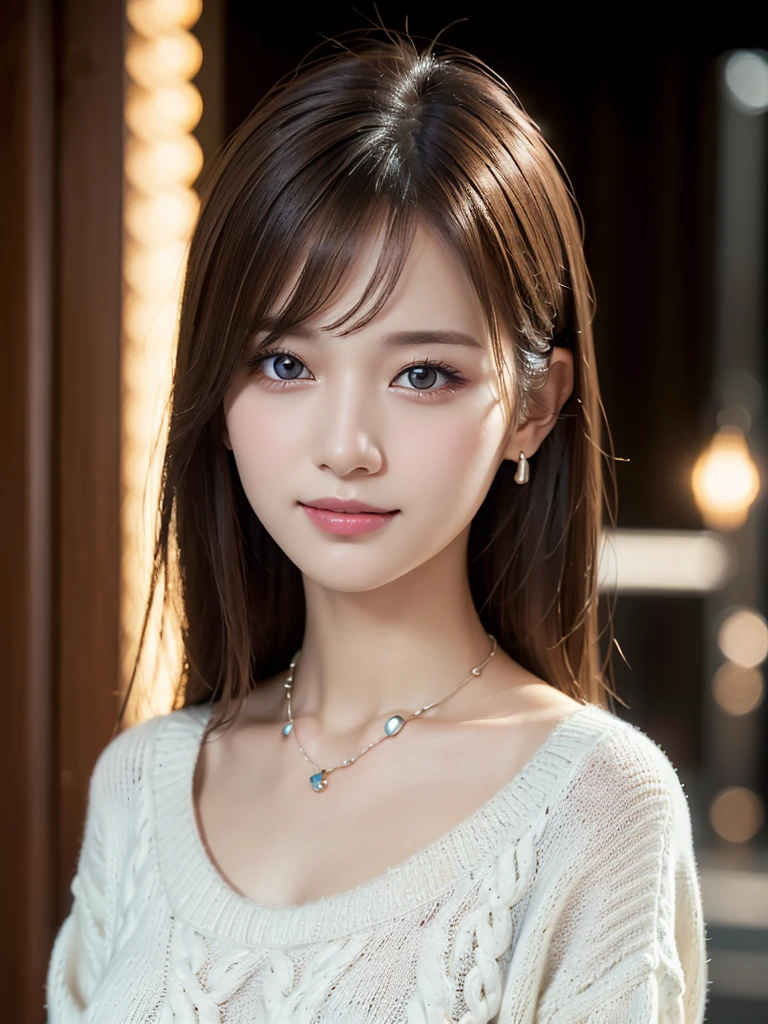 1 Girl,(ivory sweater:1.4),(Necklace around the neck:1.2), (RAW Photos, Highest quality), (Realistic, Photorealistic:1.4), Tabletop, Very delicate and beautiful, Very detailed, 8k wallpaper, wonderful, finely, Very detailed CG Unity, High resolution, Soft Light, Beautiful and detailed 19 year old girl, Very detailed目と顔, Beautiful and detailed nose, Beautiful and beautiful eyes,Cinema Lighting,City lights at night,Perfect Anatomy,Slender body,smile  (Asymmetrical bangs, Light brown hair,)