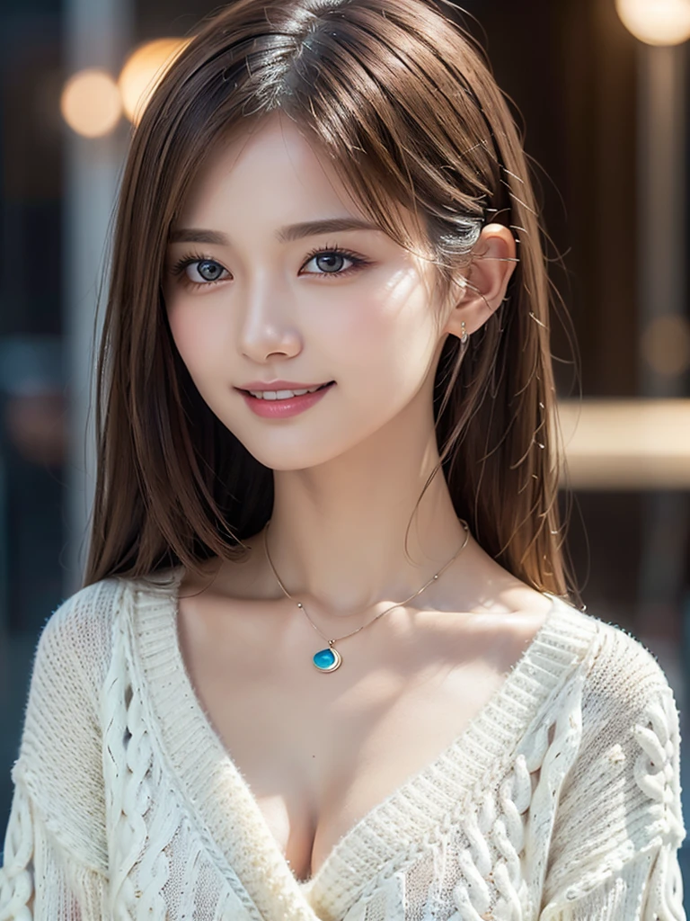 1 Girl,(ivory sweater:1.4),(Necklace around the neck:1.2), (RAW Photos, Highest quality), (Realistic, Photorealistic:1.4), Tabletop, Very delicate and beautiful, Very detailed, 8k wallpaper, wonderful, finely, Very detailed CG Unity, High resolution, Soft Light, Beautiful and detailed 19 year old girl, Very detailed目と顔, Beautiful and detailed nose, Beautiful and beautiful eyes,Cinema Lighting,City lights at night,Perfect Anatomy,Slender body,smile  (Asymmetrical bangs, Light brown hair,)
