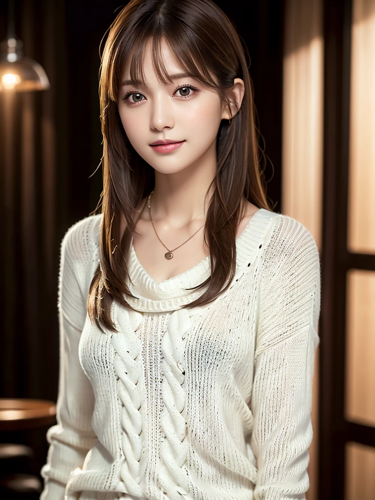 1 Girl,(ivory sweater:1.4),(Necklace around the neck:1.2), (RAW Photos, Highest quality), (Realistic, Photorealistic:1.4), Tabletop, Very delicate and beautiful, Very detailed, 8k wallpaper, wonderful, finely, Very detailed CG Unity, High resolution, Soft Light, Beautiful and detailed 19 year old girl, Very detailed目と顔, Beautiful and detailed nose, Beautiful and beautiful eyes,Cinema Lighting,City lights at night,Perfect Anatomy,Slender body,smile  (Asymmetrical bangs, Light brown hair,)