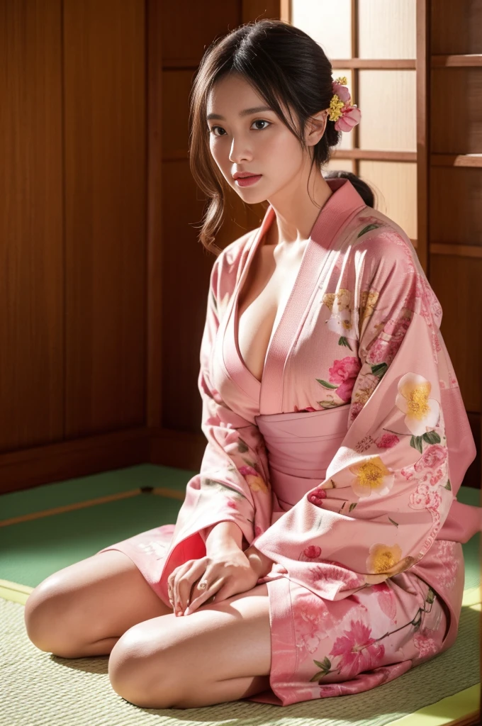 a beautiful woman wearing a pink kimono, medium shot, sitting on a tatami mat, looking directly at the camera, surrounded by a lush flower arrangement, cinematic lighting and composition, ultra-detailed, hyper realistic, (best quality,4k,8k,highres,masterpiece:1.2),ultra-detailed,(realistic,photorealistic,photo-realistic:1.37),portrait,fantasy,natural body,dramatic lighting,vivid colors