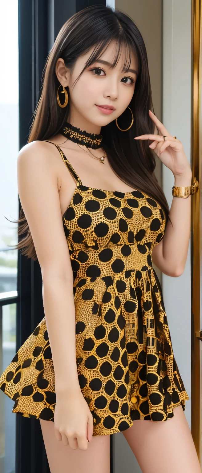 Tall cute idol queen girl、whole body、Good style、、、、、、、、、、Tanned thick legs、、Yellow gold and black honeycomb mini dress、Neat and clean idol face、、Honeycomb Room