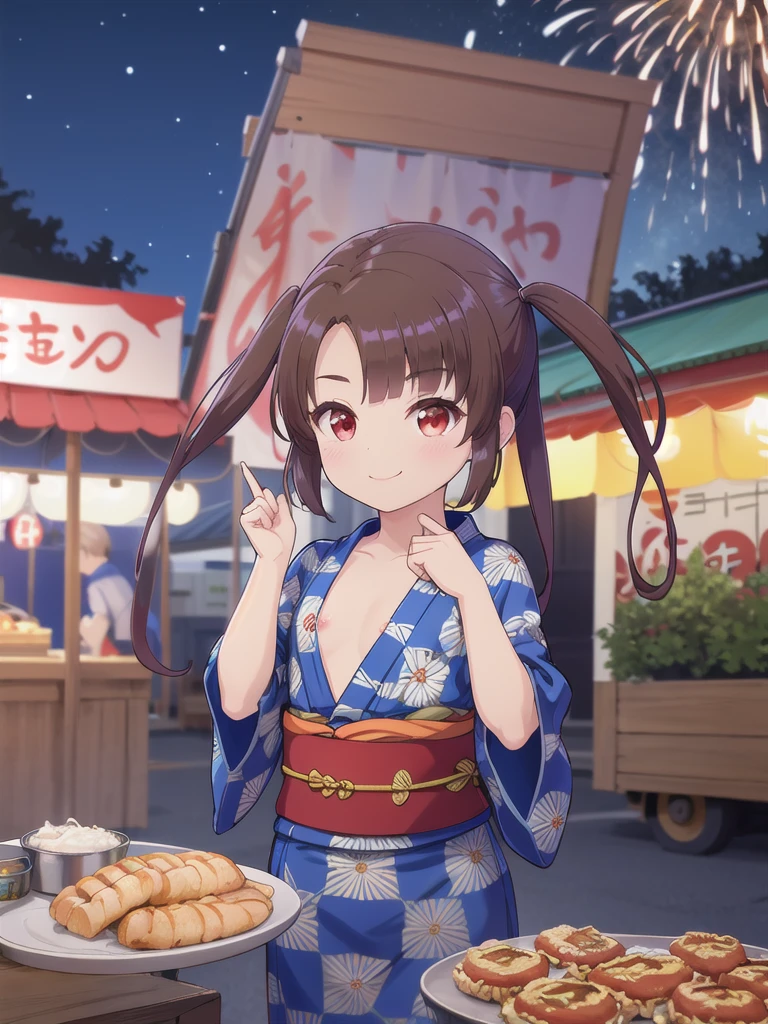 Masterpiece,Highest quality,Detailed Background,night,Fireworks seen from between the food stalls,1 Girl,Red eyes,smile,Long twin tails,Brown Hair,Eyebrows visible through hair,Flat Chest,Blue yukata,Cleavage,Nipples,upper body,(chibi)