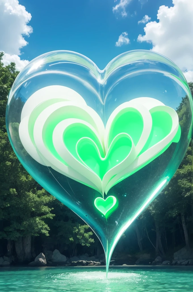 I want several hearts floating and they are transparent and around the heart is neon green and the scenery is white 