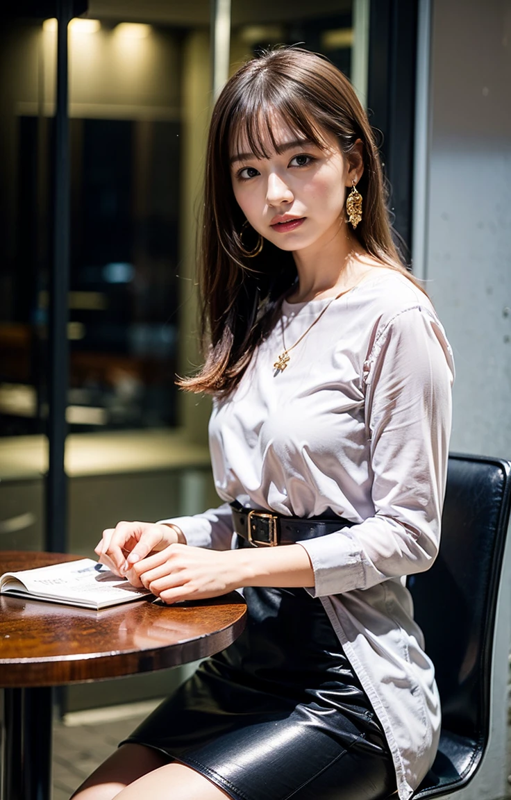 A woman with light brown hair, an elegant hairstyle and blue eyes、I am sitting on a quiet cafe terrace in the city at night.。She is wearing a stylish summer knit top and short skirt that accentuates her curves.、Wearing a high quality leather belt。Skyscrapers lined up in the background、The light illuminates the dark sky、The warm light of the cafe softly envelopes her.。Her hair swayed in the wind、Her cute, upward-looking, soft smile as she looks into the camera is impressive.。A coffee cup and a book are placed on the cafe table.、It creates a relaxed atmosphere。Her outfit is completed with a gorgeous white collared silk shirt and brown skirt.。She wears small earrings and a delicate silver necklace.、It captures the light。Partially tie your hair back、It highlights her beautiful face。This realistic and high quality、With detailed pictures、She exudes elegance。