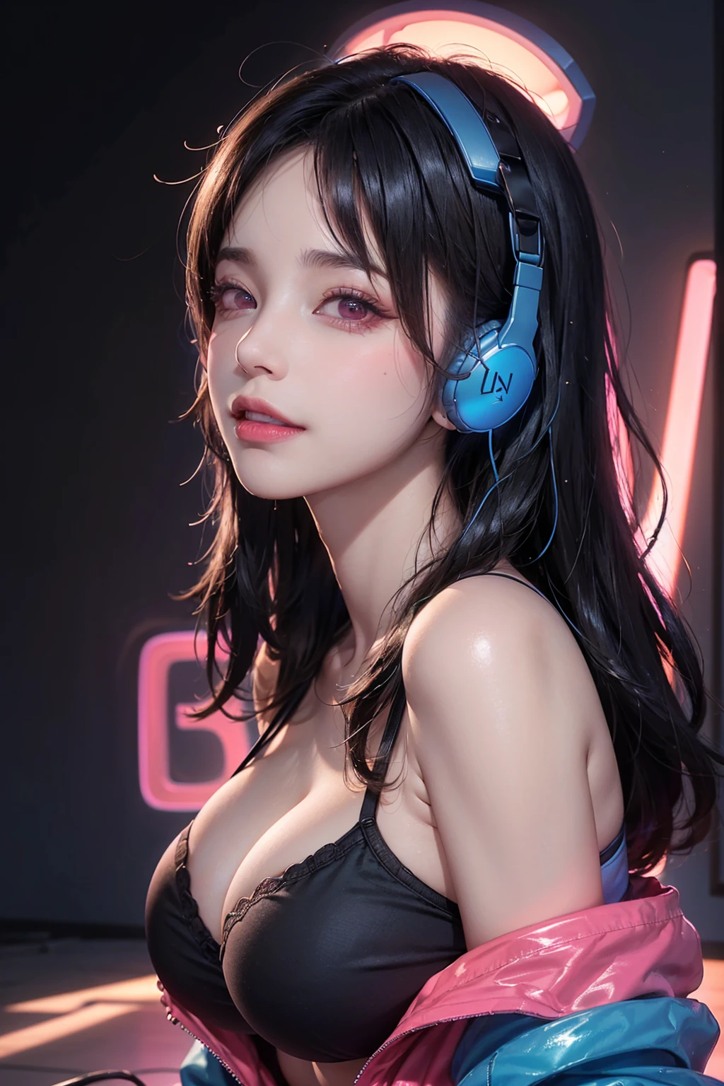 (masterpiece:1.3, Highest quality, Ultra-high resolution, Super detailed), (Realistic, photoRealistic:1.4), Perfect lighting, colorful, Depth of written boundary, Browsing Caution, Surrealism,standing doggy, from side,Beautiful detailed hair, Beautifully detailed face, Beautiful fine details, Beautiful clavicle, Beautiful body, thin脚,Beautiful breasts, Beautiful valley,Beautiful feet, Beautiful Hands, , thin, 1 girl, Perfect Face, Perfect Anatomy, Supermodel with a long neck,((Skinny1.3)),looking at the camera,(Perfect Anatomy, Highly detailed skin), Shiny skin,((beautiful girl:1.1)),(( large breasts: 1.4 )),(Medium Hair:1.2, Wavy Hair:1.2, Black Hair) ,((hair over one eye)),Dainty facial structure, ( Captivating smile, Upward glance, Lips parted),((wearing blue headphones:1.2)),(( wearing(black)Windbreaker)),pink sheer bra, A woman wearing headphones in a room with fluorescent interior gazing at the neon city,(( vibrant neon lights illuminating the room:1.3)), at night, ((wide shot)),