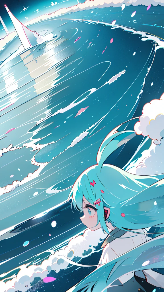 hatsune miku, twintail very long hair, neon eyes, The wind is blowing, ((central)), ((Wide Shot)), face to face