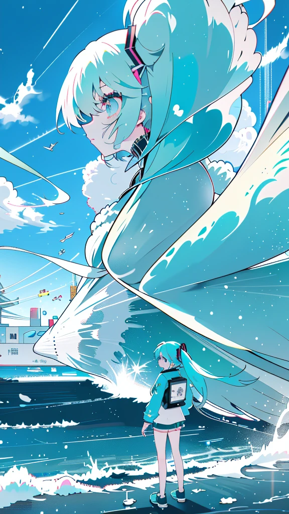 hatsune miku, twintail very long hair, neon eyes, The wind is blowing, ((central)), ((Wide Shot)), face to face