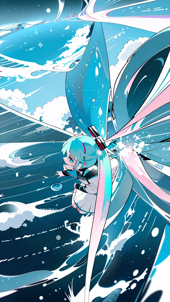 hatsune miku, twintail very long hair, neon eyes, The wind is blowing, ((central)), ((Wide Shot)), face to face