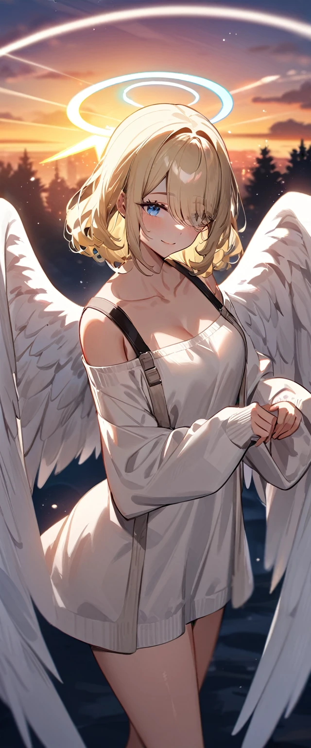 (((One girl))), (((cowboy shot))), ((flying)), ((angel, big big white wings:1.2, halo:1.3)), Uriel, ((wavy hair, outward curled hair)), evening, Sunset, ((blond hair, bob cut:1.3)), breasts, teenager, (looking at viewer), oversized clothes, puffy long sleeves, collarbone, ((off-shoulder sweater dress:1.3, Quite thick shoulder straps)), (((sleeves past wrists:1.3))), ((white sweater)), collarbone, head tilt:1.3, (((blue eye))), ((happy smile)), (((anime style))), (best quality, 4K, 8K, highres, masterpiece:1.2, ultra-detailed, ultra-detailed eyes, HDR, uhd, studio lighting, ultra-fine painting, sharp focus, physically-based rendering, extreme detail description, professional, vivid colors, bokeh), ((Highest quality, Best image quality, Ultra-high resolution, Ultra-high resolution, solo, Strong eye highlights)), Depth of written boundary, Natural soft light, attractive, Beautiful Face, Cleanliness, Pure Face, medium chest, Beautiful Face, Perfect Fingers, Perfect hands, Perfect body, Perfect Face, Shine a light into your eyes, Perfect Anatomy